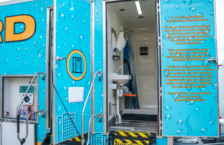 BeHeard mobile shower unit in East Tulsa