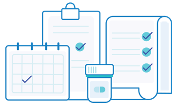 Illustration of forms, a calendar and a prescription bottle