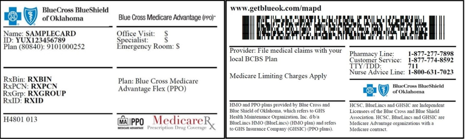 BCBSOK Flex Card Example, front and back