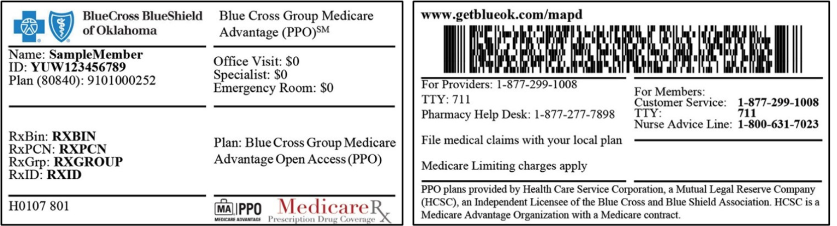 BCBS Open Access Card Example, front and back